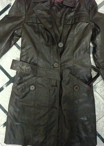 Kahverengi Uzun Deri Kadın Ceket - Görsel 2