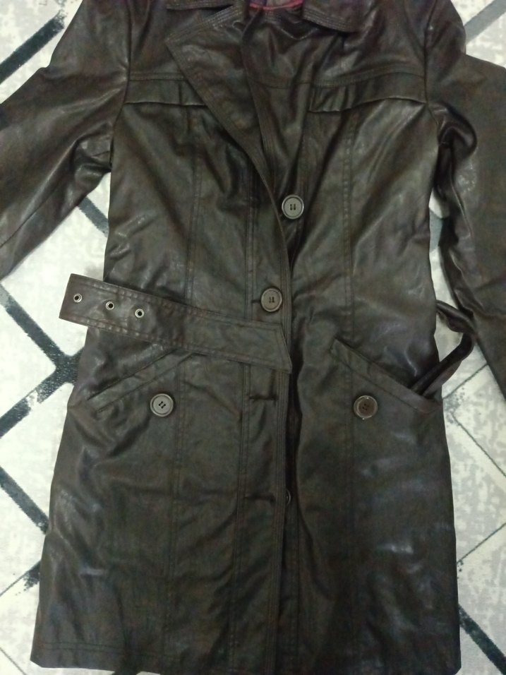 Kahverengi Uzun Deri Kadın Ceket - Görsel 2