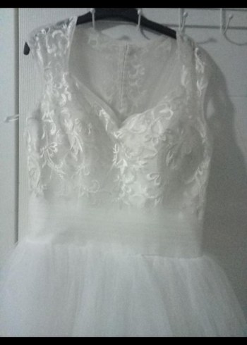 V Yaka Kolsuz Beyaz Uzun Gelinlik - Görsel 2