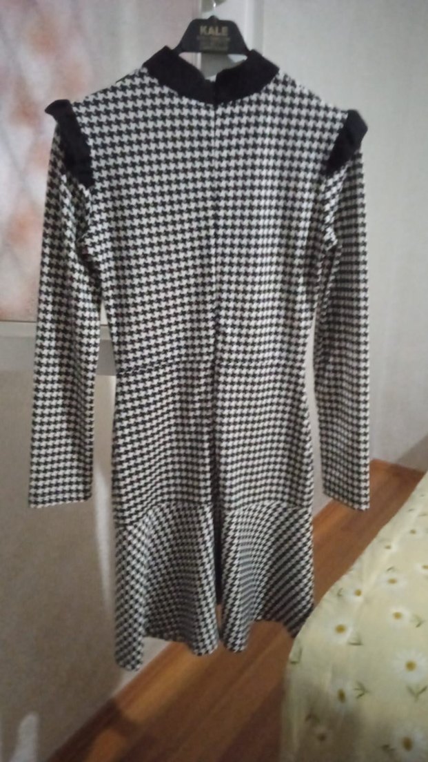 Uzun Kollu V Yakalı Ekose Elbise - Görsel 3