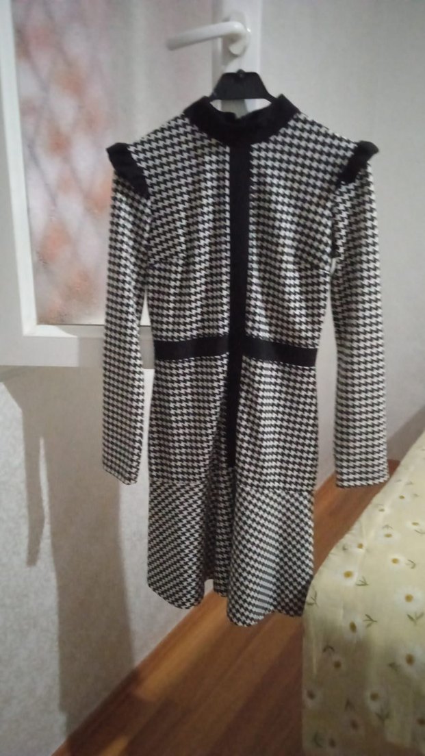 Uzun Kollu V Yakalı Ekose Elbise - Görsel 2