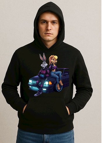 Siyah Kapüşonlu Baskılı Kadın Sweatshirt