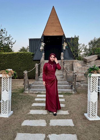 l Beden Bordo Uzun Kol Drapeli Tesettür Elbise