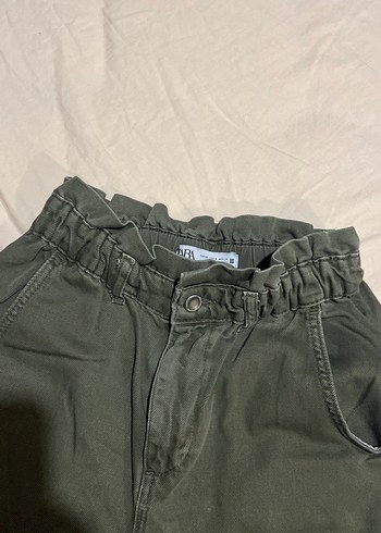 Zara Kadın Koyu Haki Kemerli Bol Kesim Keten Pantolon