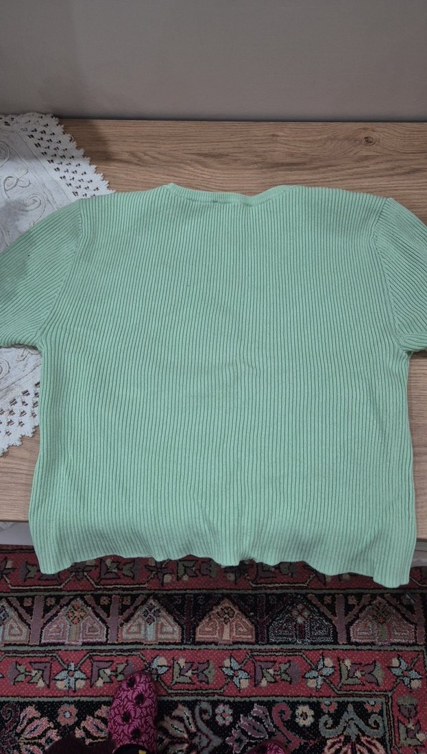 Kadın Yeşil Kısa Kollu Triko Tişört - Görsel 4