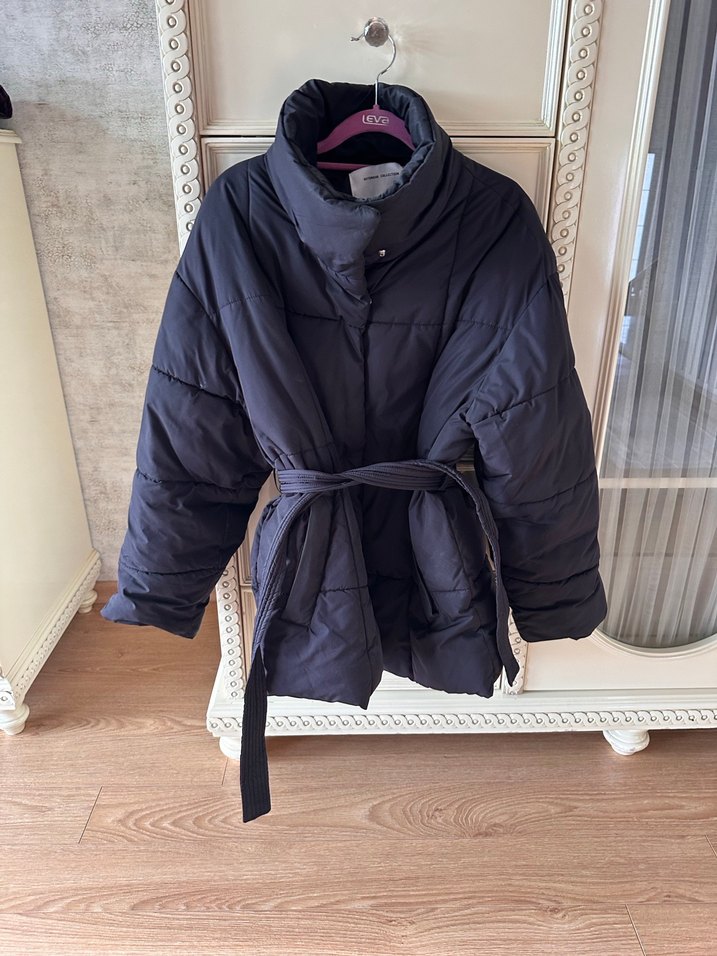 Kemerli Siyah Midi Kadın Kış Montu - Görsel 2