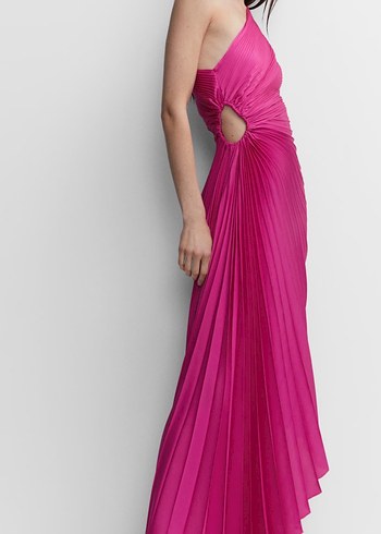Pilise Detaylı Parlak Pembe Uzun Abiye Elbise - Görsel 3