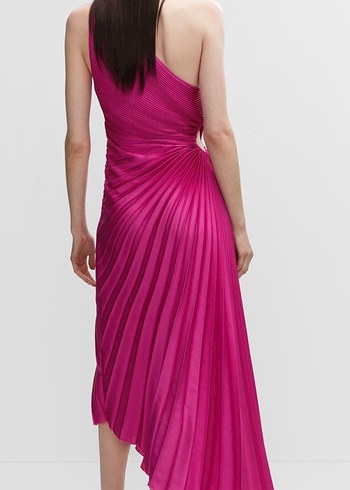 Pilise Detaylı Parlak Pembe Uzun Abiye Elbise - Görsel 2