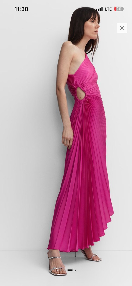 Pilise Detaylı Parlak Pembe Uzun Abiye Elbise - Görsel 3