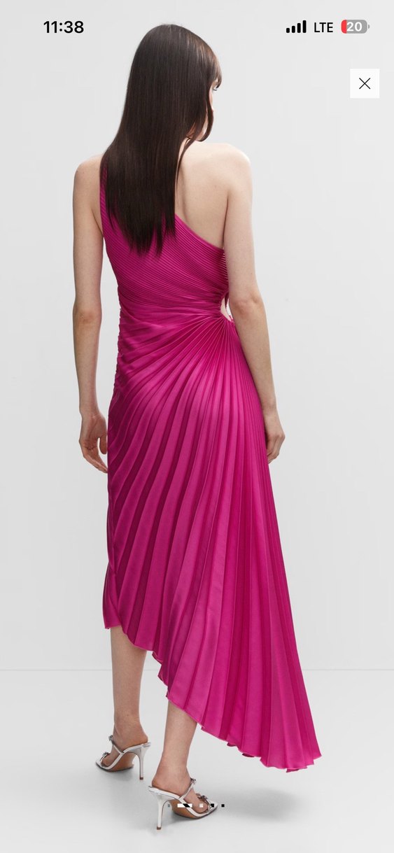 Pilise Detaylı Parlak Pembe Uzun Abiye Elbise - Görsel 2