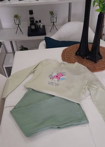 7 Yaş Beden Pastel Yeşil Baskılı Uzun Kollu Takım
