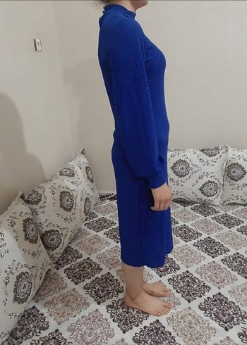 36 Beden Uzun Kollu Şık Mavi Kadın Elbise