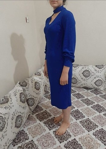 36 Beden mavi Renk Uzun Kollu Şık Mavi Kadın Elbise