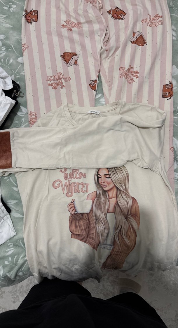 Bej Renkli Uzun Kollu Rahat Kadın Pijama Takımı - Görsel 2