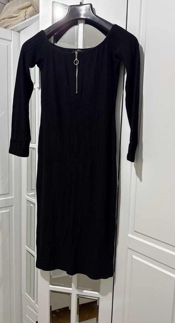 Kadın Siyah Fitilli Midi Örme Elbise - Görsel 2