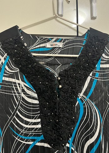 Mavi Bağlama Desenli Uzun Kollu Tunik Bluz - Görsel 3