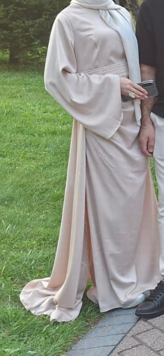 Bej Uzun Kollu Drapeli Abiye Elbise,38 beden içinde olur - Görsel 4