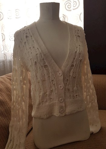 Beyaz V Yaka Örgü Kadın Hırka - Görsel 2