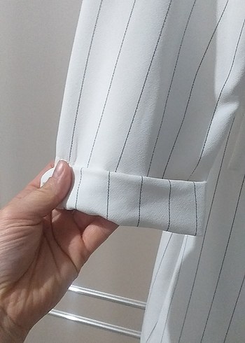 Beyaz Pilili Midi Kadın Blazer Ceket - Görsel 2