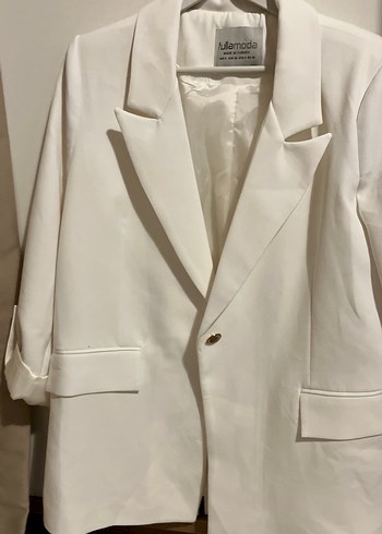 Düğmeli Beyaz Kadın Keten Blazer Ceket - Görsel 3