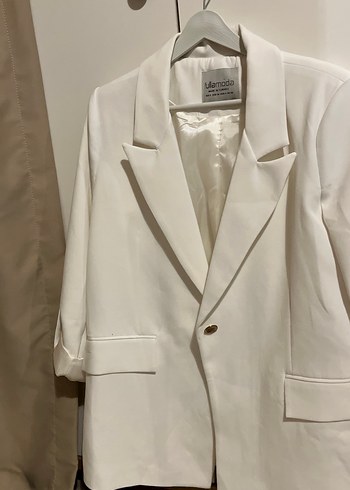 Düğmeli Beyaz Kadın Keten Blazer Ceket - Görsel 5