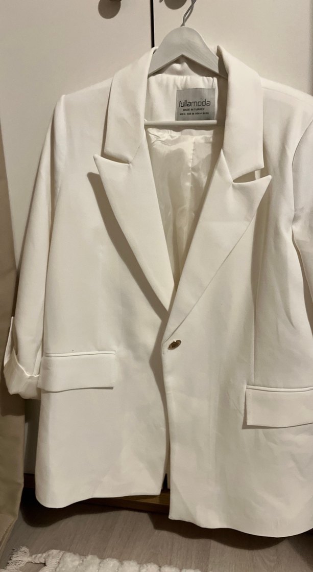 Düğmeli Beyaz Kadın Keten Blazer Ceket - Görsel 3