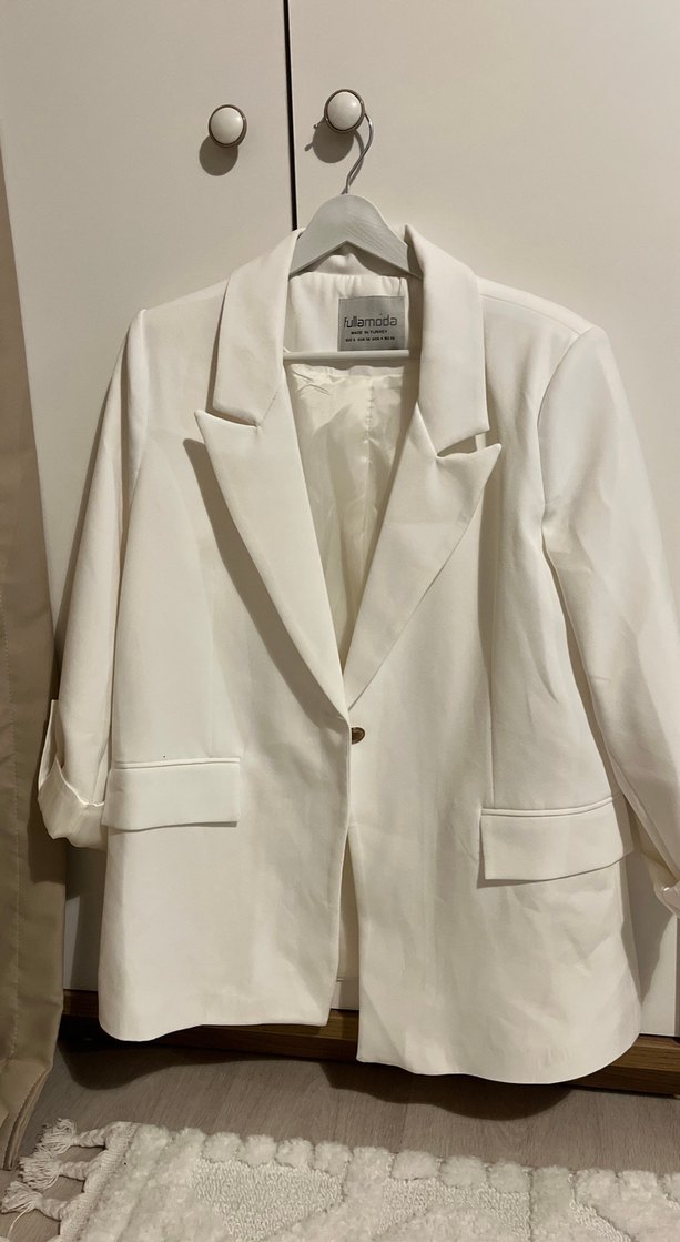 Düğmeli Beyaz Kadın Keten Blazer Ceket - Görsel 2