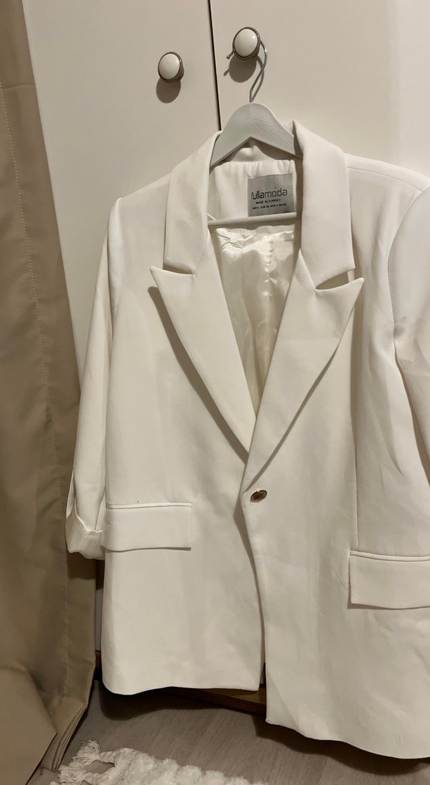 Düğmeli Beyaz Kadın Keten Blazer Ceket - Görsel 5