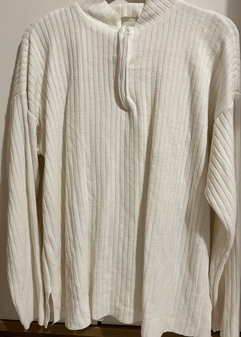 Beyaz Keten Yüksek Yaka Örgü Kadın Kazak - Görsel 2