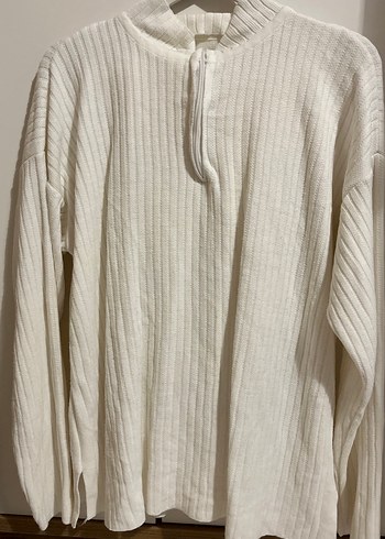 Beyaz Keten Yüksek Yaka Örgü Kadın Kazak - Görsel 3