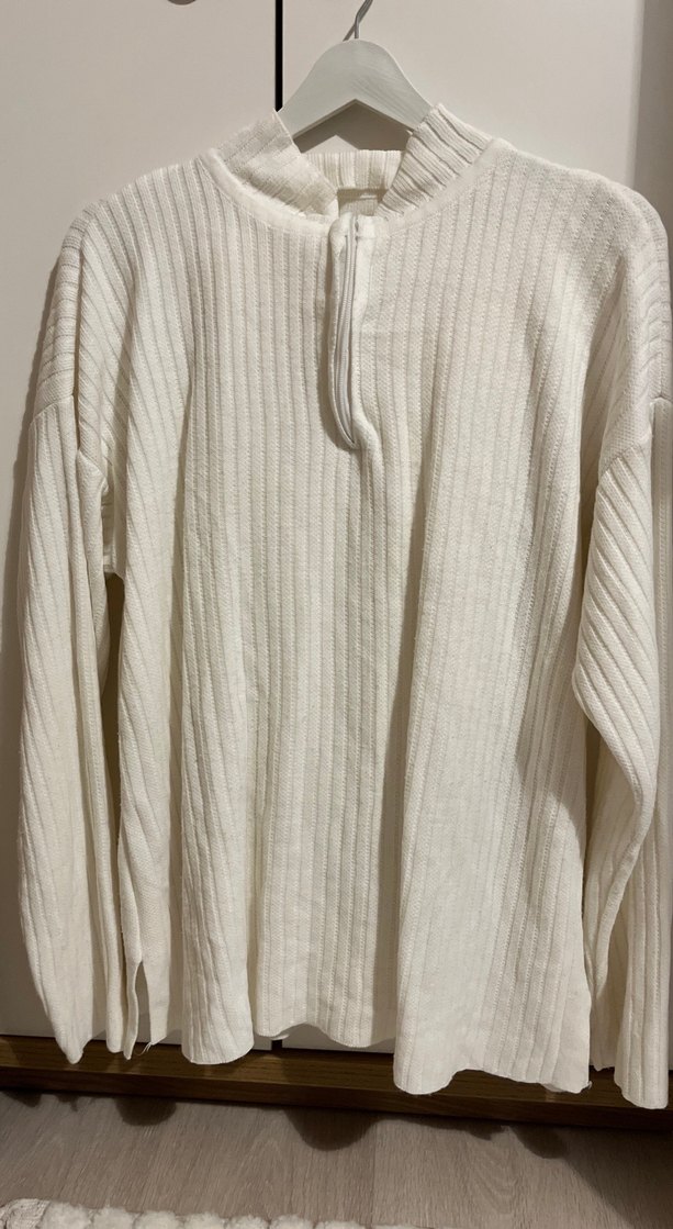 Beyaz Keten Yüksek Yaka Örgü Kadın Kazak - Görsel 2