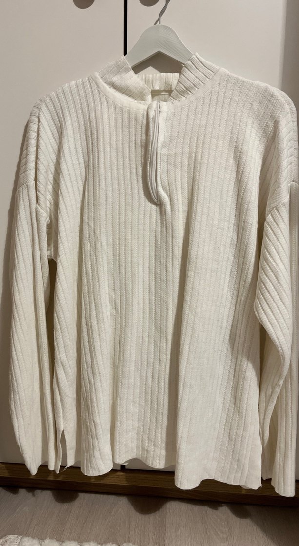 Beyaz Keten Yüksek Yaka Örgü Kadın Kazak - Görsel 3