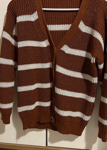 Kahverengi Çizgili Midi Triko Hırka - Görsel 2