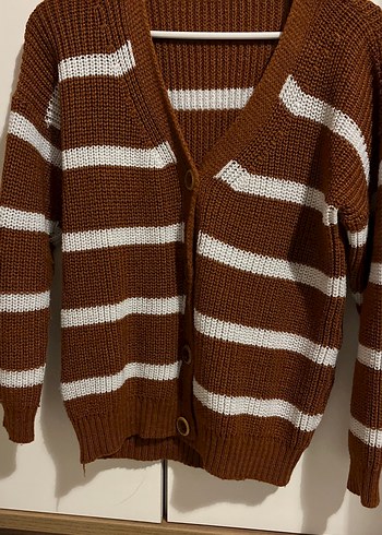 Kahverengi Çizgili Midi Triko Hırka - Görsel 3