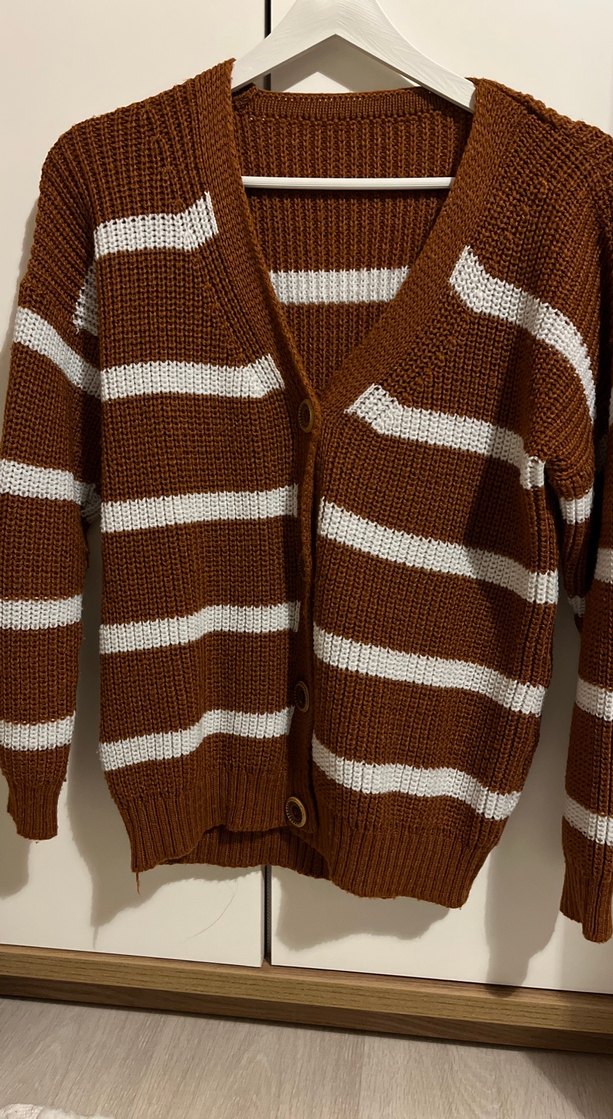 Kahverengi Çizgili Midi Triko Hırka - Görsel 2