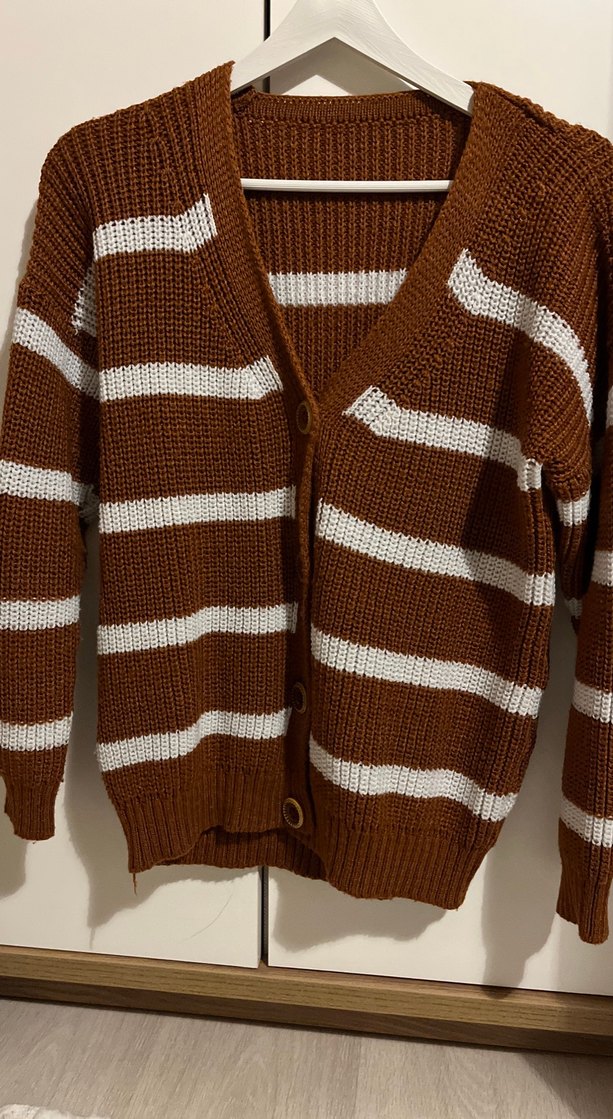 Kahverengi Çizgili Midi Triko Hırka - Görsel 3