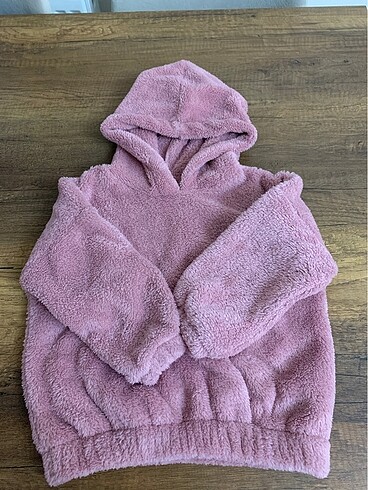 Pembe kapüşonlu sıcacık peluş sweatshirt