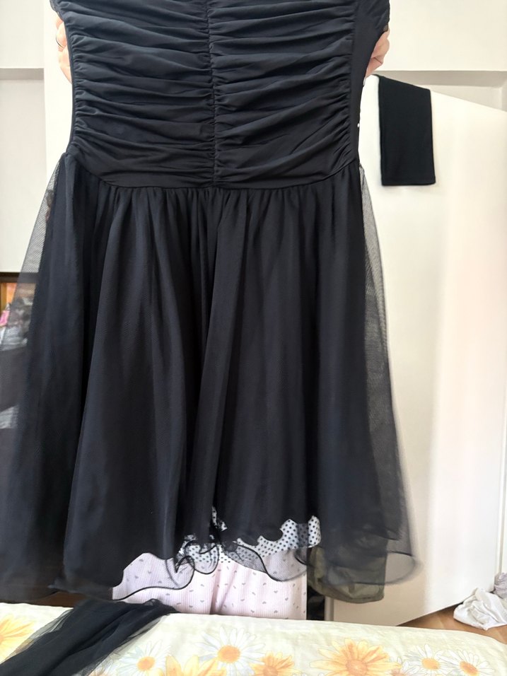 Siyah Straplez Fırfırlı Midi Gotik Abiye Elbise - Görsel 4