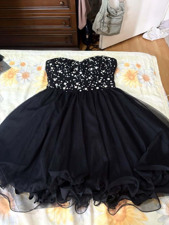 Siyah Straplez Fırfırlı Midi Gotik Abiye Elbise - Görsel 2