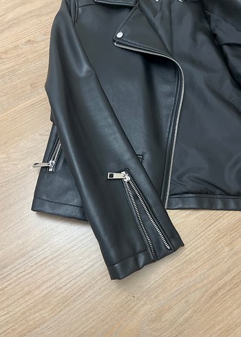 s Beden Siyah Deri Biker Ceket, Fermuarlı, Dar Kesim