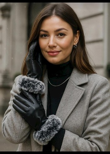 Gri Kürklü Deri Kadın Eldivenleri - Görsel 2