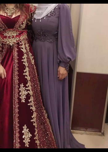 Mor Nakışlı Uzun Kollu Uzun Elbise - Görsel 4