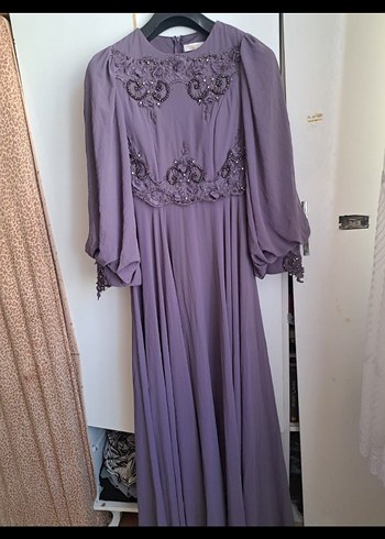 Mor Nakışlı Uzun Kollu Uzun Elbise - Görsel 3