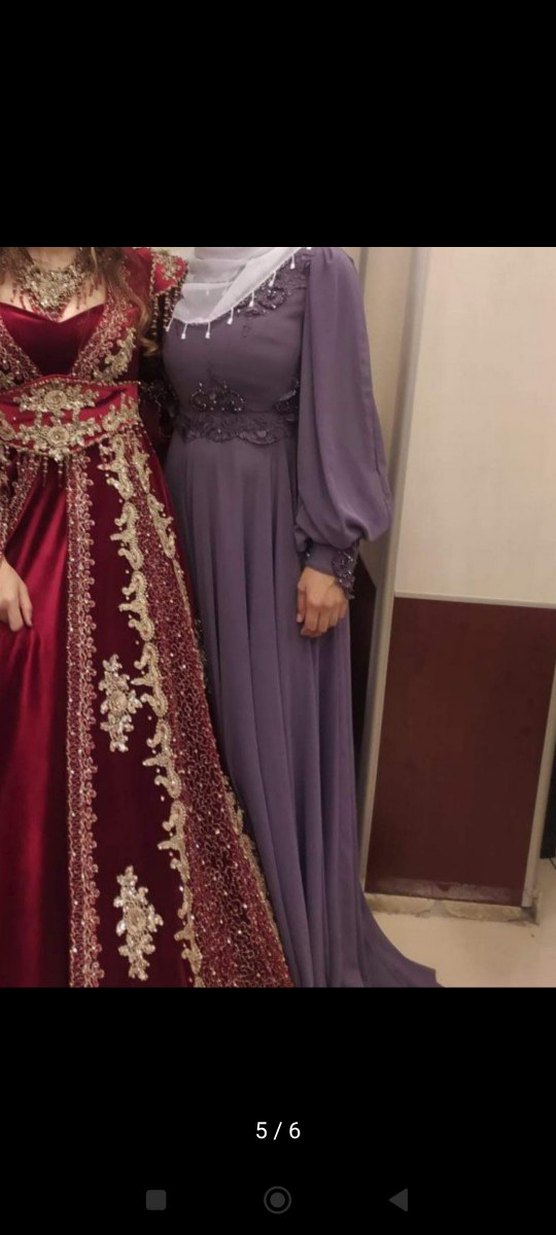 Mor Nakışlı Uzun Kollu Uzun Elbise - Görsel 4