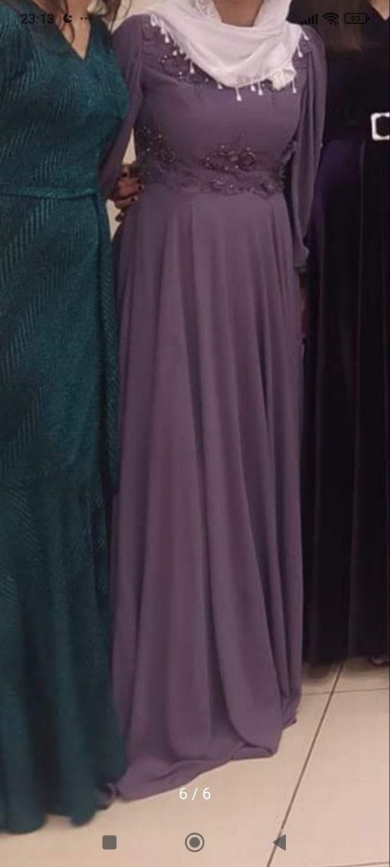 Mor Nakışlı Uzun Kollu Uzun Elbise - Görsel 5
