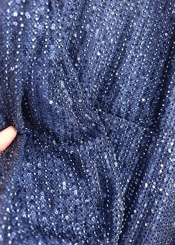 Parlak Lacivert İşlemeli Midi Abiye Elbise - Görsel 2