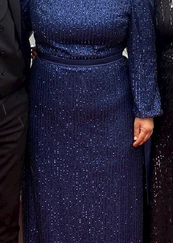 Parlak Lacivert İşlemeli Midi Abiye Elbise - Görsel 7