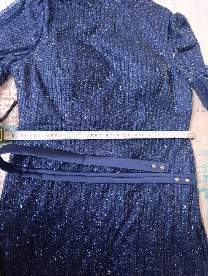 Parlak Lacivert İşlemeli Midi Abiye Elbise - Görsel 3