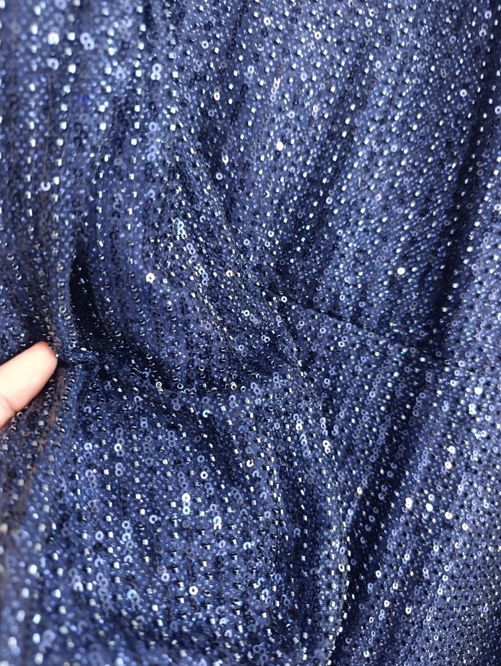 Parlak Lacivert İşlemeli Midi Abiye Elbise - Görsel 2