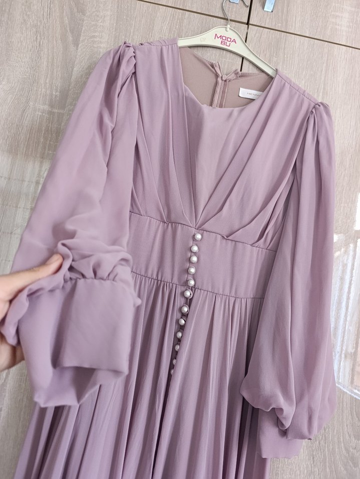 Uzun Mor Drapeli Kadın Abiye Elbise - Görsel 3